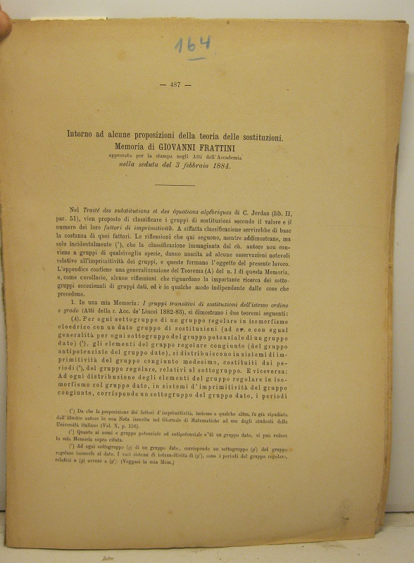 Intorno ad alcune proposizioni della teoria delle sostituzioni. Memoria approvata per la stampa negli Atti dell'Accademia nella seduta del 3 febbraio 1884